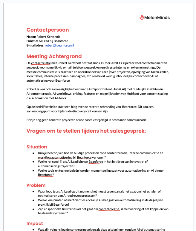 Salesgesprek Assistent voorbeeld output