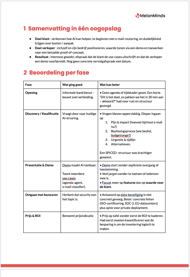 Salesgesprek Coach voorbeeld output